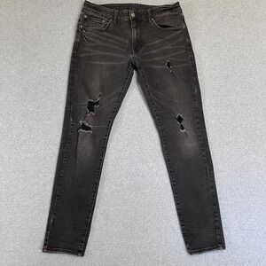 American Eagle Jeans Mens 34X32 Black Skinny Flex Low Rise Ripped Denim